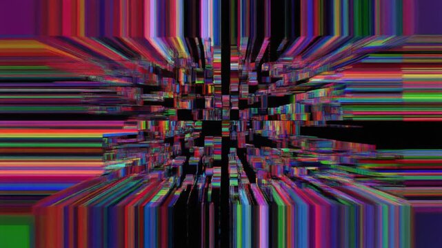 Digital glitch art background. Colorful pixel sorting effect with vibrant vertical lines and geometric distortions. Abstract neon data stream for music videos and technology projects.