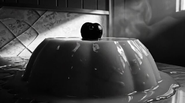 Black and White Artistic Scene of a Wobbling Jelly Dessert with a Cherry on Top and Atmospheric Effects