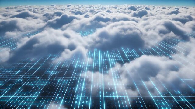 Cloud computing and data storage concept. Glowing blue digital grid with binary code flowing through white fluffy clouds. High altitude aerial view. Tech background. Network infrastructure.