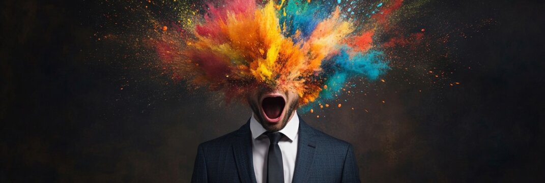 Businessman screaming as his head explodes with vibrant, colorful powder, symbolizing stress, information overload, and bursts of creativity amidst chaos and frustration