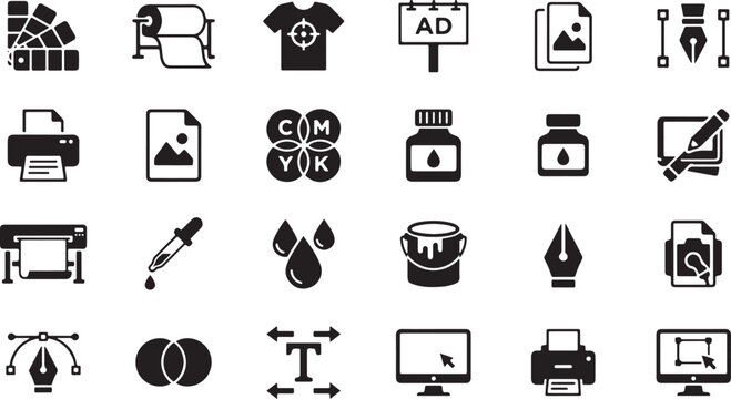 Black Glyph Icons Set, Society Business Technology Pest Control Printing Communication Vector Icons Collection