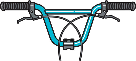 Naklejka premium Vector flat illustration of BMX bike handlebars. Features a detailed bright teal front view frame with black grips, a crossbar, and brake cables for cycling graphic design projects.
