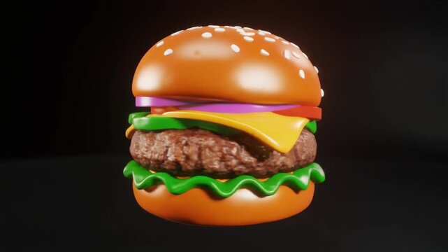 Classic cheeseburger with sesame seed bun vector animation. Features juicy beef patty, melted cheddar cheese, crisp lettuce, and yellow mustard. Isolated on black background for food commercials 
