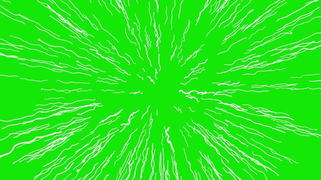 White motion burst speed lines animation, comic style action effects with seamless on soild green screen background and dramatic anime inspired movement visuals