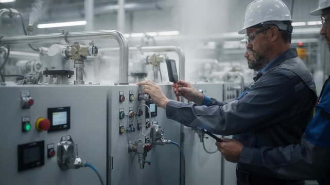 Medium shot showcasing workers adjusting controls on lowcarbon inert anode pilot cells emphasizing handson processes aimed at minimizing carbon footprint in metal production