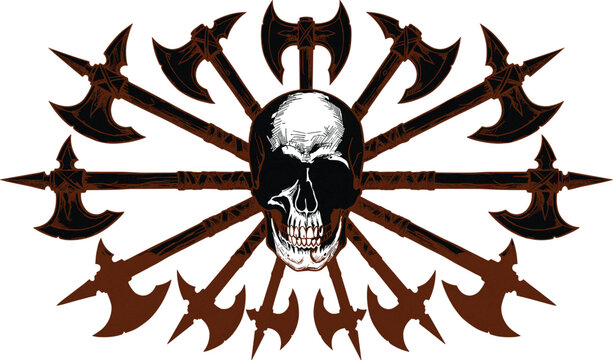 Viking Skull with Crossed Battle Axes Vector Illustration Featuring Medieval Warrior Battleaxe Weapons and Dark Gothic Emblem Graphic for T-Shirt Print Designs
