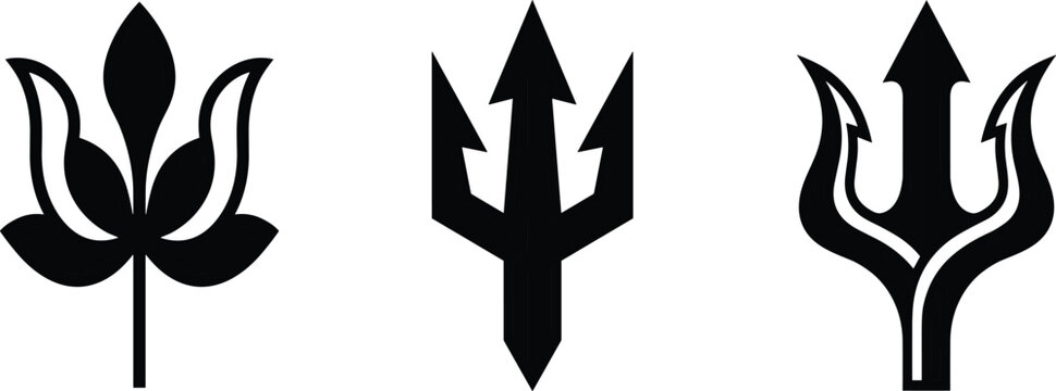 Black Trident and Floral Spear Silhouette Icon Set Featuring Poseidon Sea Weapon Designs and Ornate Botanical Spearhead Symbols for Logos