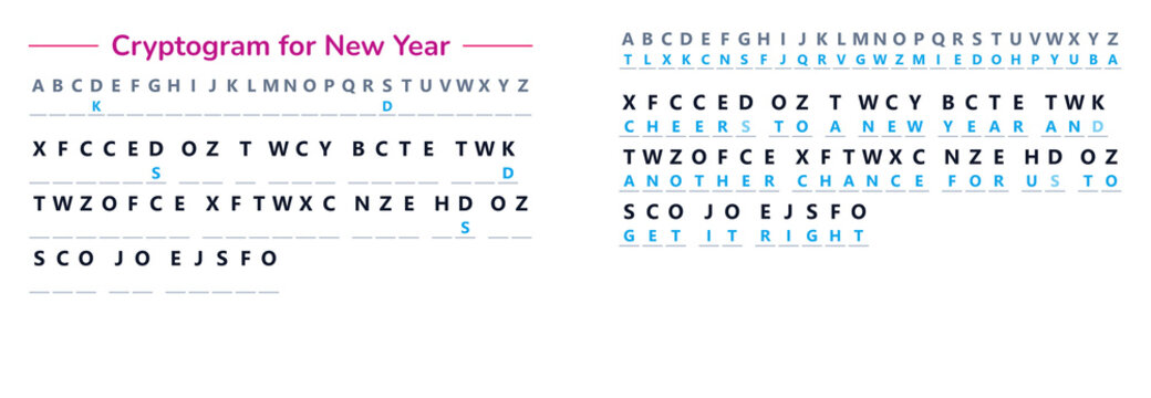 New Year cryptogram puzzle with letters and clues for decoding  