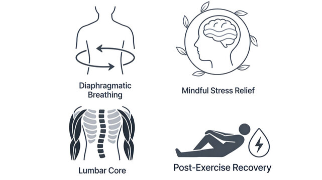 Breathing torso, mindfulness in the brain, waist and back core, and exercise recovery represent the strengthening of breathing training core, suitable for yoga mats and exercise rehabilitation courses