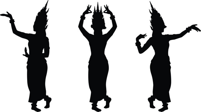 Cambodian Apsara Dancer Silhouette Set Featuring Traditional Khmer Classical Dance Poses and Elegant Headdress Costumes for Cultural Heritage Vectors