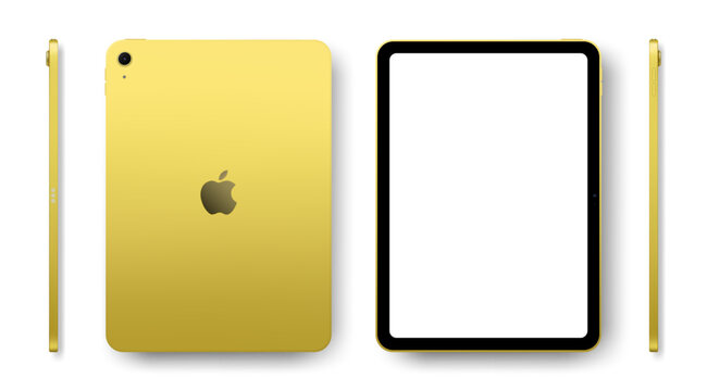 Photorealistic detailed Apple iPad A16 11 inches 2025 Yellow mockup. Real dimentions. Front, rear and side views isolated on white background with shadows. Vector editorial illustration