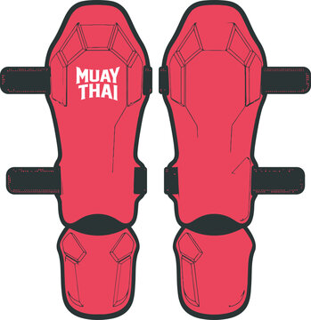 Vector flat illustration of red Muay Thai shin guards. Features a detailed pair of protective instep leg pads with black straps and bold white text for martial arts graphic designs.