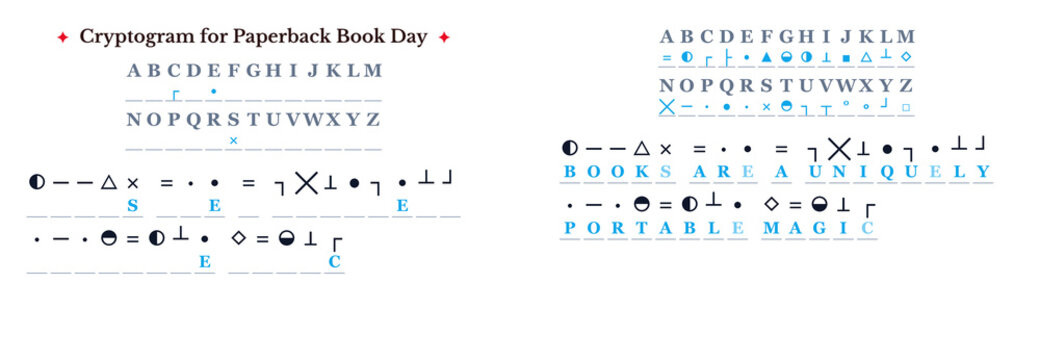 Cryptogram puzzle for Paperback Book Day with letters and clues  