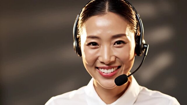 Smiling Asian woman wearing headset working as customer service representative