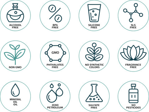 Collection of twelve circular icons representing cosmetic product claims on a white background