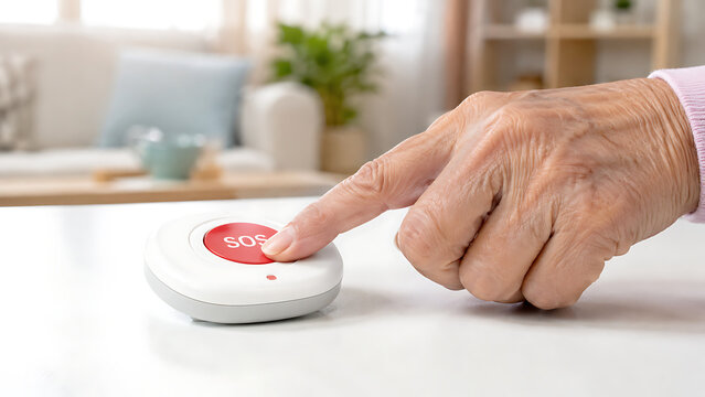 Senior Hand Pressing Emergency Call Button at Home