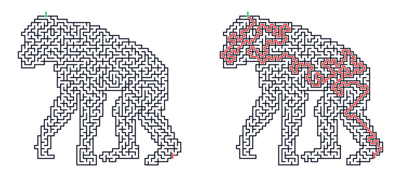 Maze illustration of a standing monkey with red path design  
