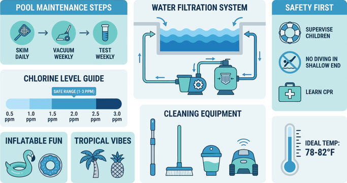 Swimming pool maintenance guide illustrates essential cleaning steps and safety protocols for proper water management.