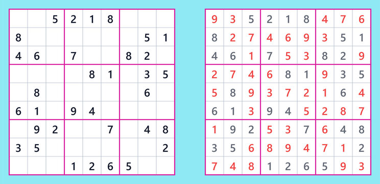 Japanese sudoku puzzle grids with solved and unsolved sections on blue background  