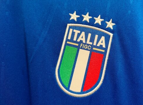 Photo of the embroidered emblem of the Italy national football team, which has represented Italy in men's international football since 1910 and is governed by the Italian football federation (FIGC).