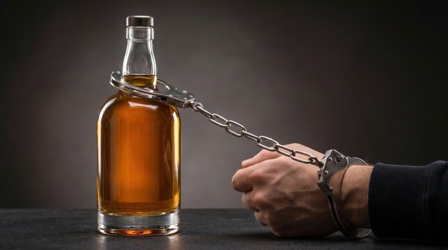 Alcohol addiction concept with handcuffed hand chained to a liquor bottle, symbolizing dependency, and rehabilitation. Alcohol Prevention Day and National Recovery Month awareness campaign