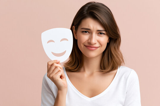 Young woman holding a smiling theatrical mask in a studio portrait. Concept of hidden emotions, authenticity, self-expression and mental wellbeing.