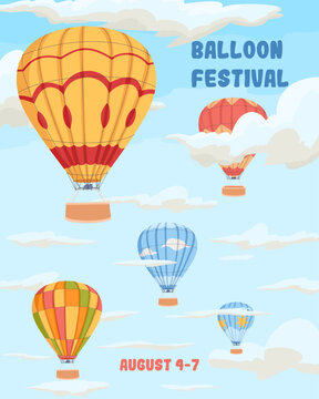 Hot air balloon festival poster with colorful balloons floating among clouds in a bright blue sky. Cartoon hand drawn vector illustration for travel events, aviation celebrations and tourism promotion