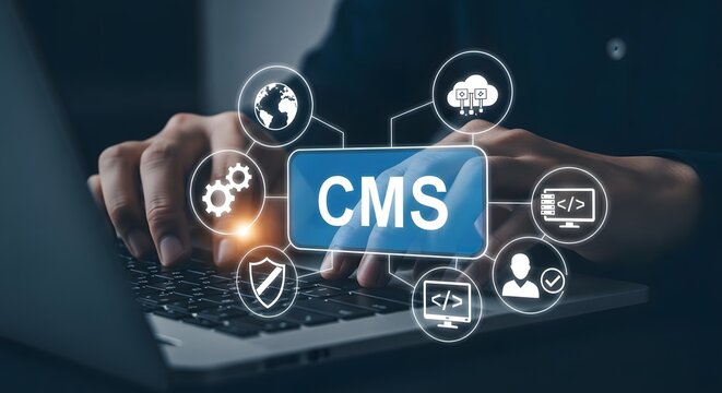 A person typing on a laptop with a glowing digital interface displaying cms management system for website development, coding, and cloud data management