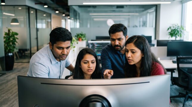 Modern Tech Workplace Collaboration Concept: Diverse Indian IT Professionals Analyzing Data on High-End Monitor Screen