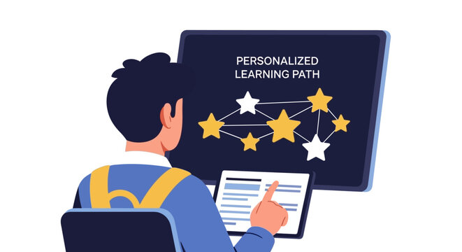 Student Exploring Personalized Learning Path on Digital Screen and Tablet for Online Education Concept