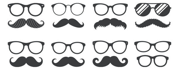 Mustache and glasses icon set, stylized eyeglasses sunglasses mustaches beards for photo booth props retro design themes vector illustration. © Ayat0002