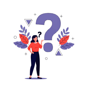 Vector flat design illustration of a woman standing next to a giant question mark, symbolizing confusion and inquiry