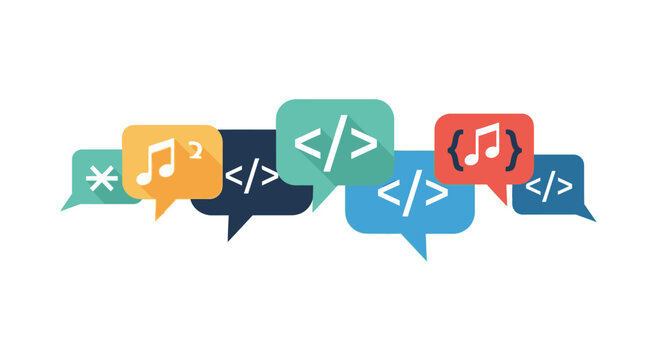 Web Development and Digital Music Concept with Flat Colorful Speech Bubbles, Programming Code Tags and Musical Note Icons on White Background
