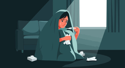 Fototapeta premium Illustration Of Ill Person Feeling Unwell Checking Temperature In Moody Dark Room
