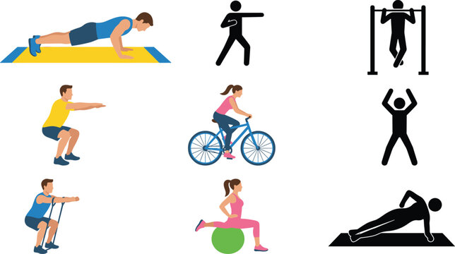 Fitness Exercise and Gym Training Icons Set Featuring Push Ups Cycling Squats Pull Ups and Plank Workouts