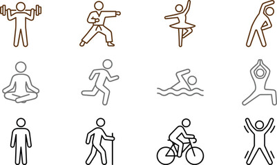 Obraz premium Sports and Fitness Activity Icons Set with Weightlifting Running Cycling Yoga Hiking and Exercise Poses