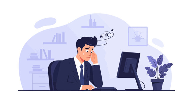 Illustration Of Weary Businessman At His Desk Feeling Stressed, Overwhelmed, Or Burned Out At Work
