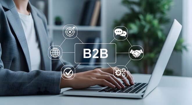 Business person typing on a laptop with a glowing digital interface showing b2 b concepts and for target, chat, handshake, globe, check, and gears for business networking