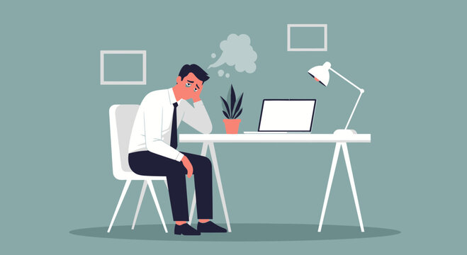 Illustration Of Weary Office Worker At Workstation Experiencing Mental Exhaustion and Trouble