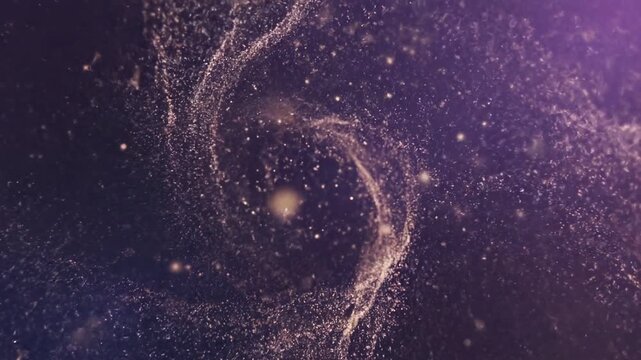 Ethereal music notes dissolving into a swirling pattern with soft shimmering particles on a deep purple background creating a magical atmosphere