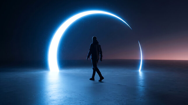 Silhouetted Figure Walking Through Glowing Crescent Portal at Dusk Symbolizing Change, Discovery, Transition, and Entering an Unknown Dimension