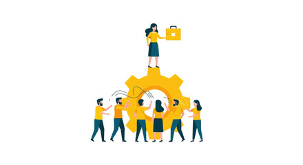 Fototapeta premium Business Leadership and Teamwork Concept Vector Illustration Featuring People Collaborating Around a Large Gear and a Female Manager at the Top