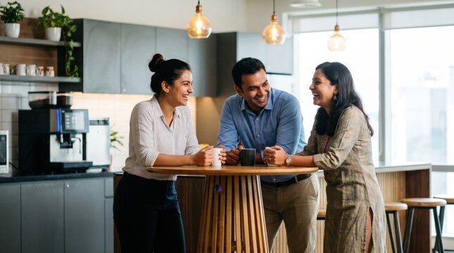 Team Coffee Break Concept: Three Indian Professionals Interacting Cheerfuly in Modern Office Pantry