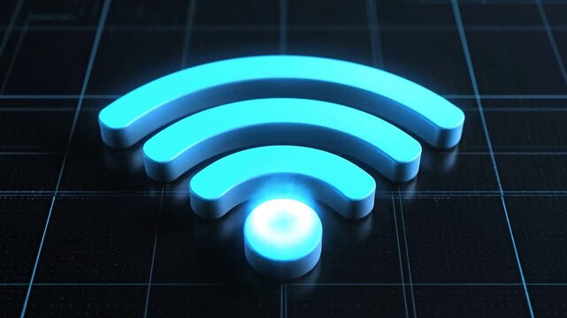 Stylized animation of increasing Wi-Fi signal strength with blue and silver waves, set against a dark digital background
