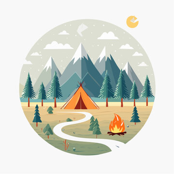 Camping scene with tent, campfire, and mountains