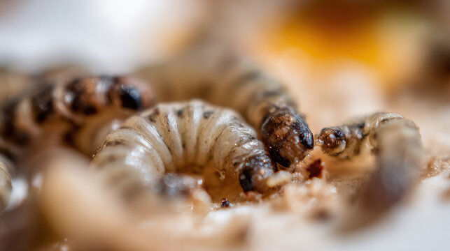 Close-up macro photo of maggots feeding on decomposing food, highlighting decay and organic decomposition.