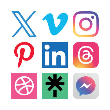 Set of essential digital networking and social media platform logos. Features editorial icons for X, Vimeo, Instagram, Pinterest, LinkedIn, Threads, Dribbble, Linktree, and Messenger. High-quality 