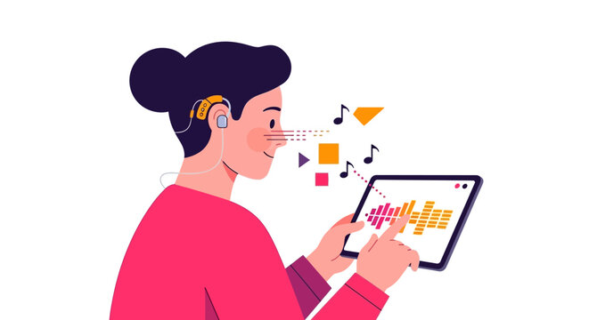 Woman with Cochlear Implant Using Digital Tablet for Music, Flat Vector Illustration of Accessibility and Assistive Technology for Hearing Loss