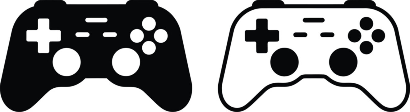 Gamepad vector icon set with solid black silhouette and outline video game controller designs isolated on white background