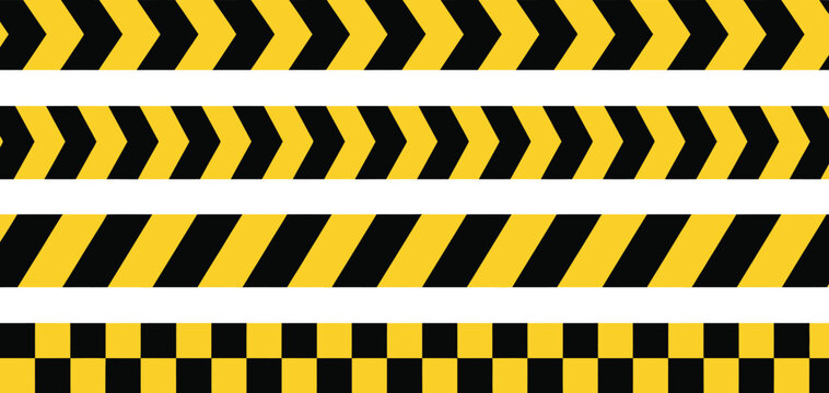 Warning tape vector seamless pattern set with yellow and black hazard stripes chevrons and checkered patterns on white background.